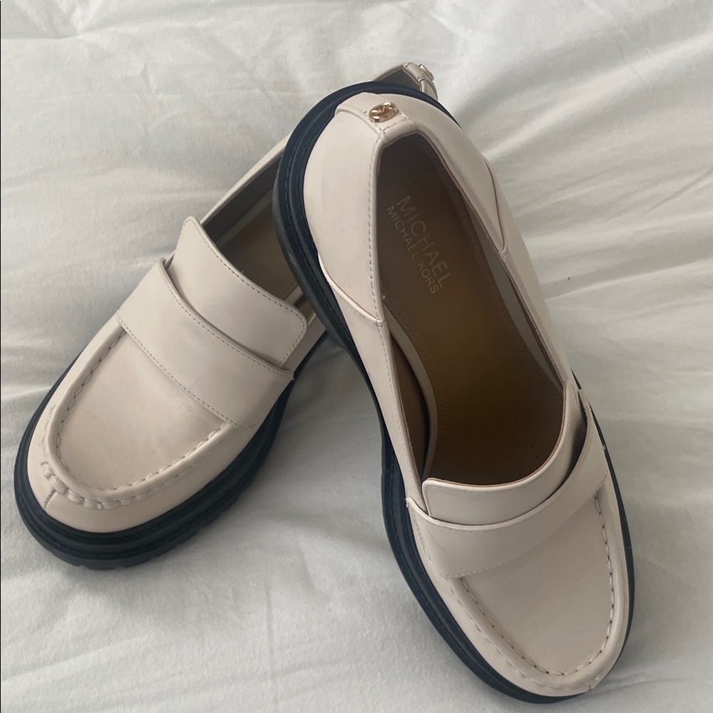 Michael Kors Cream Leather Platform Loafers with Black Soles